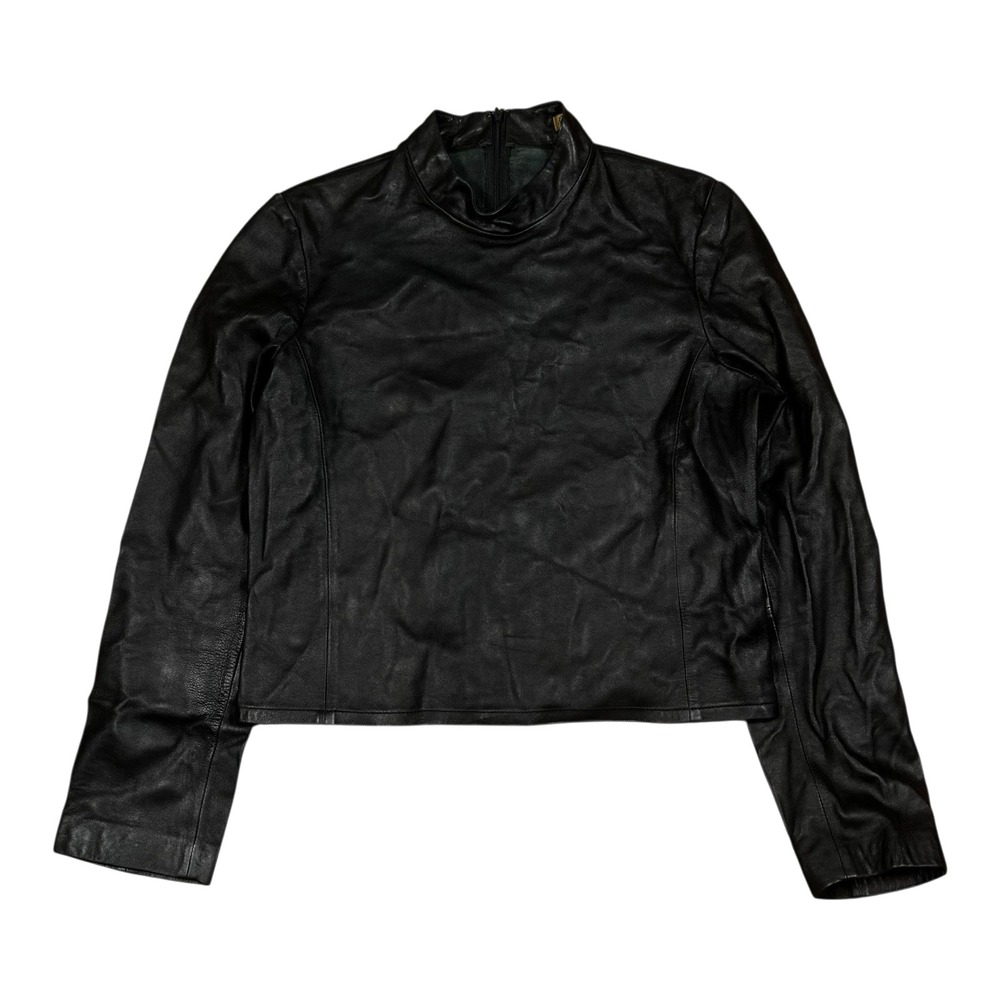 Rem Garson Women's Sz L 100% Soft Leather Back & Side Zip Mock Neck Black Top‎
